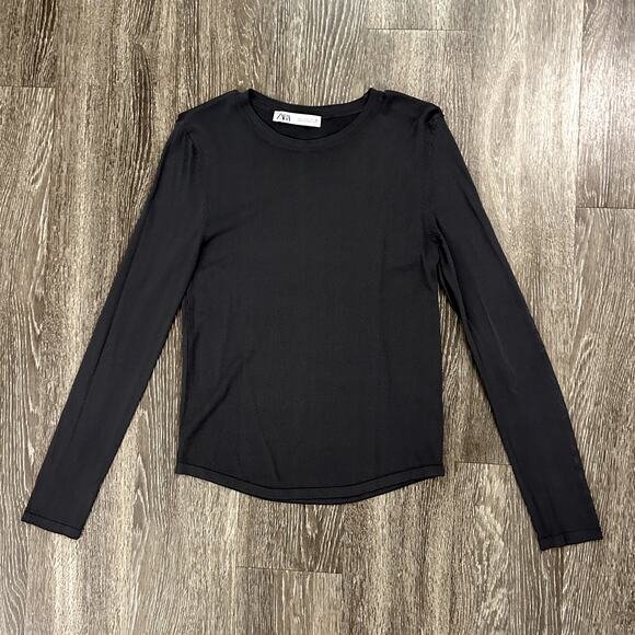 EUC Zara Charcoal Long Sleeve Crewneck Knit Top Sz Large Fitted Minimal Layering - Picture 2 of 16